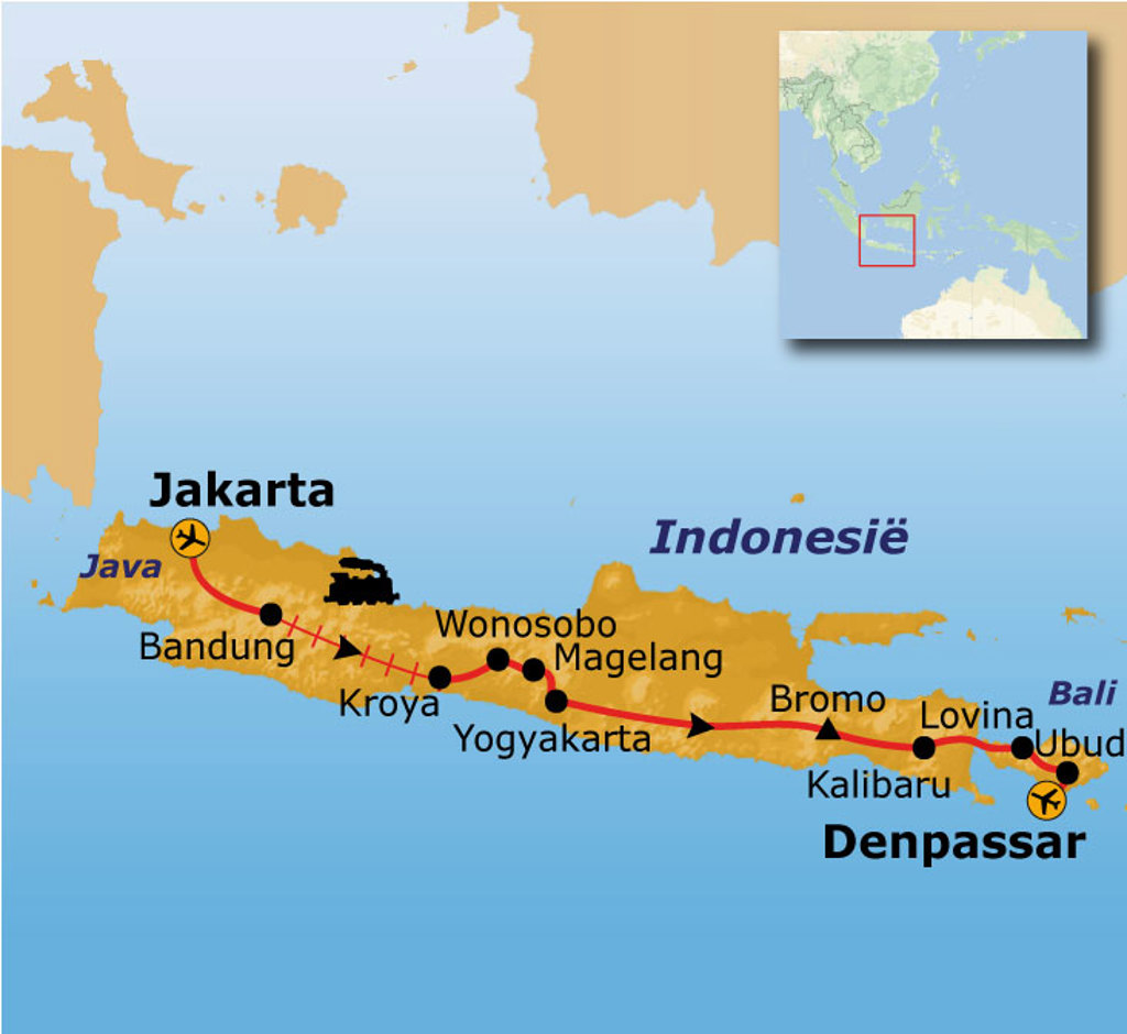 Routekaart Java en Bali met reisroute van Jakarta via Bandung, Yogyakarta en Bromo naar Denpasar en Ubud.