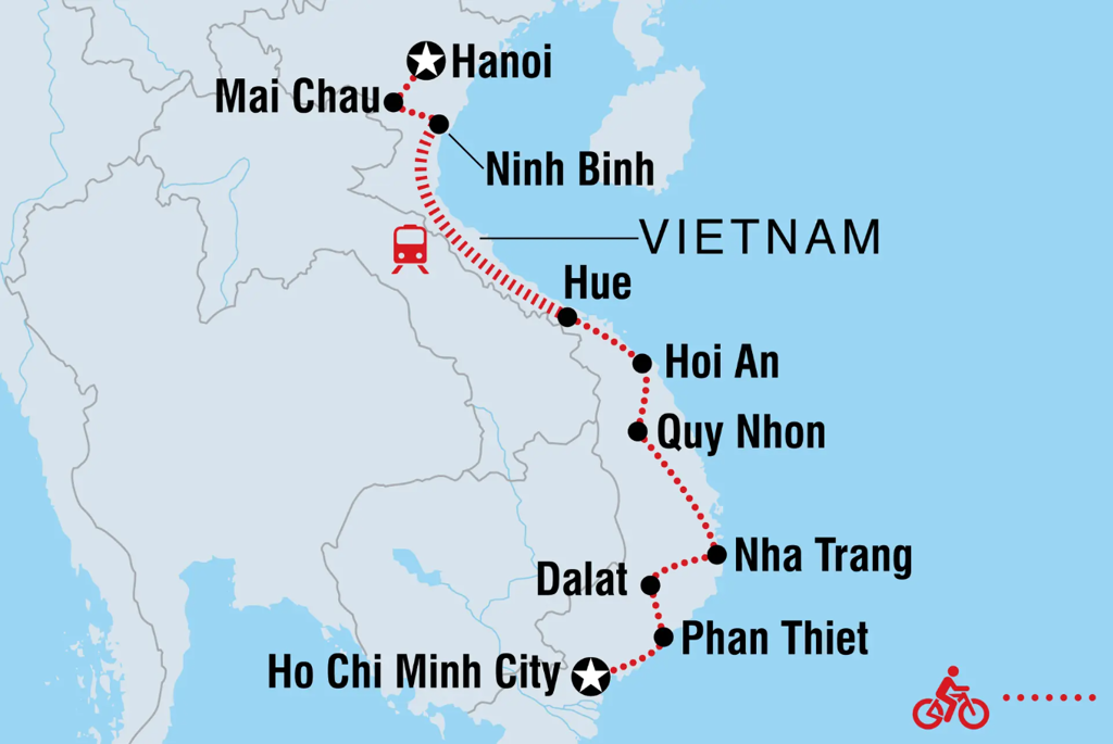 Routekaartje fietsreis Vietnam